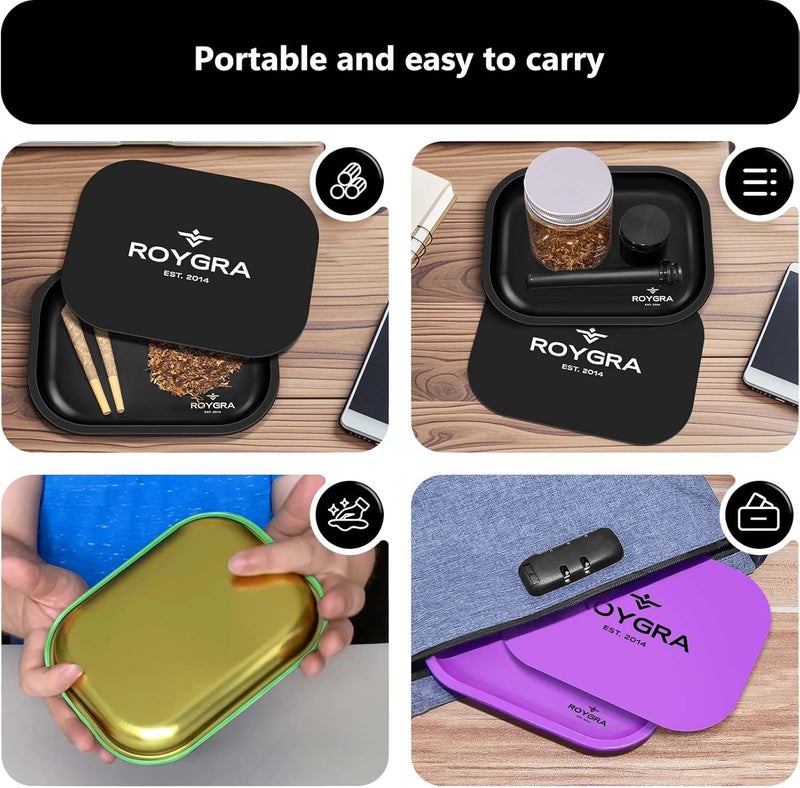 roygra Rolling Tray with Magnetic Lid Set, Small Metal Tray with Lid, Cigarette Pre Roll Smoking Accessories, Portable Smell Proof Rolling Trays for Smokers, Home Table Decor, 7 x 5.5 inch - Blue - Image 4